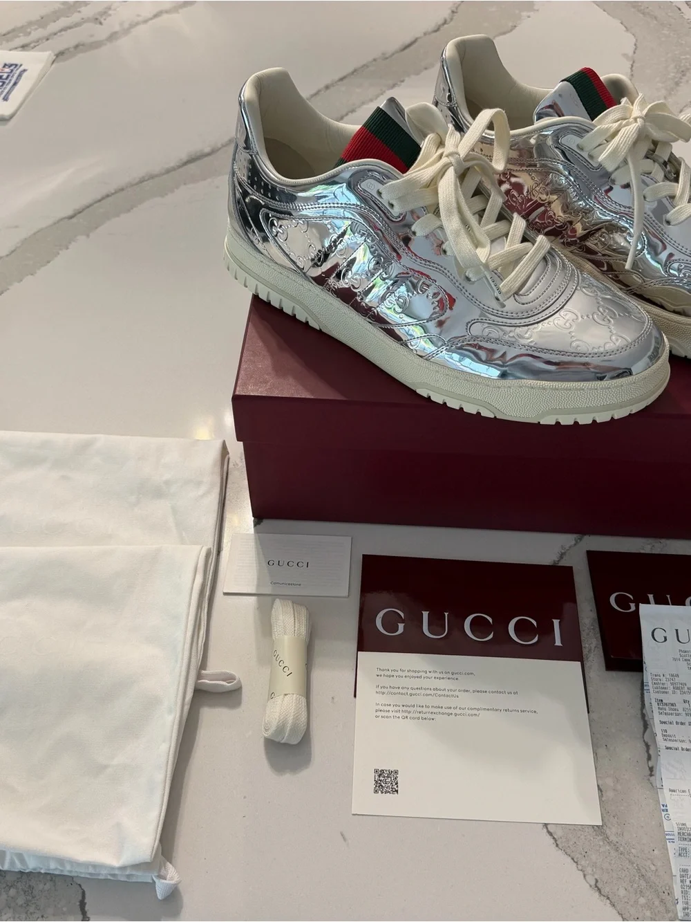 Gucci Metallic Silver Leather Low-Top Sneakers with Cream Soles